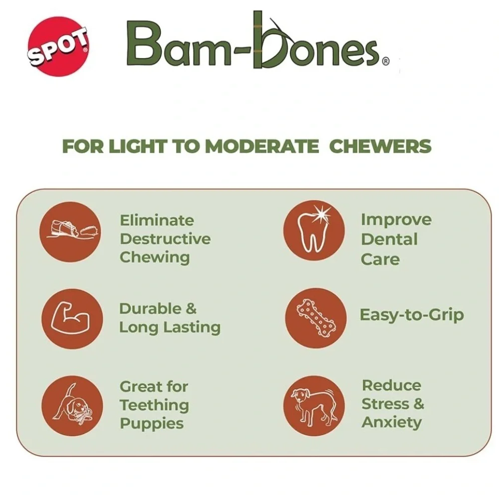SPOT Bam-Bones PLUS Dog Chew Toy - Bamboo & Nylon, 4”, Peanut Butter Flavor- NWT